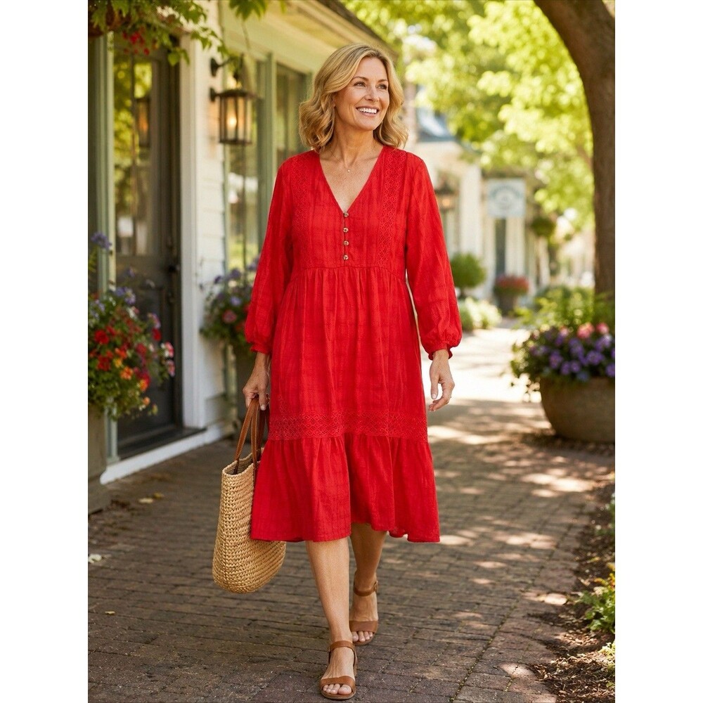 Knox Rose Bohemian Red Tiered Dress Large Faux Button Front Pull Over Lace Trim
